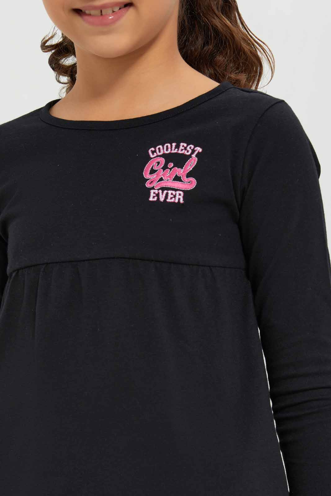 Redtag-Girls-Black---Empire-Ls-Tshirt-With-Embroider-Category:T-Shirts,-Colour:Black,-Deals:New-In,-Dept:Girls,-Filter:Girls-(2-to-8-Yrs),-GIR-T-Shirts,-New-In-GIR-APL,-Non-Sale,-Section:Girls-(0-to-14Yrs),-TBL,-W22B-Girls-2 to 8 Years