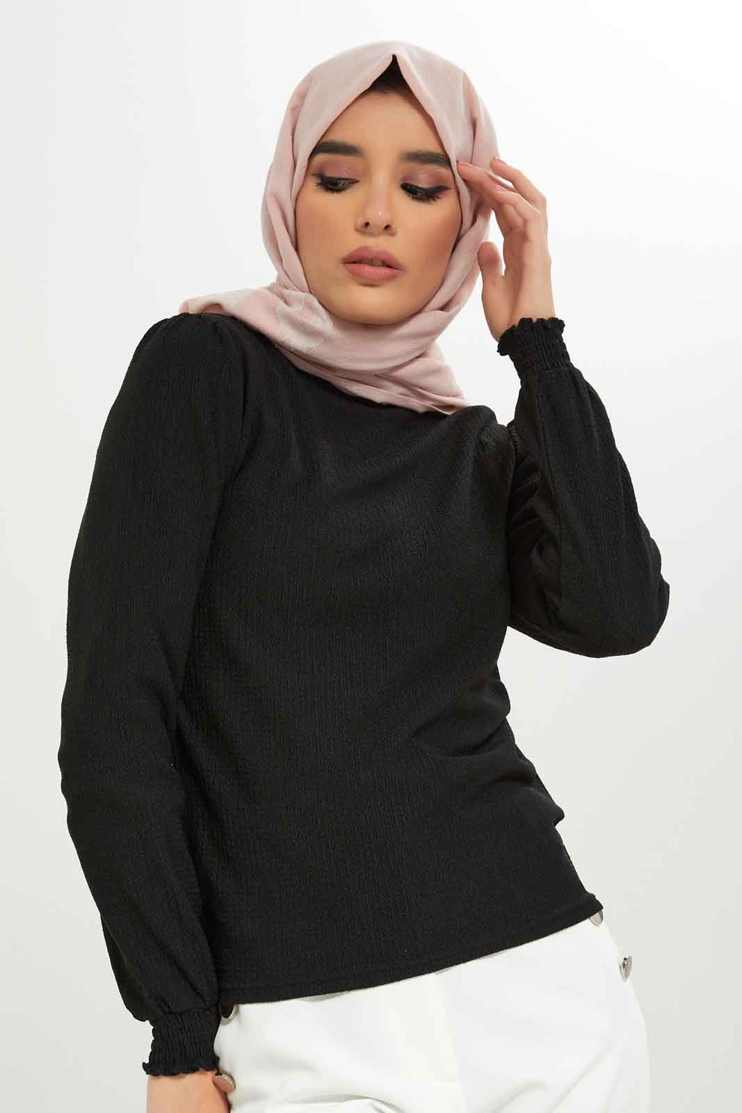 Redtag-Women-Ruffled-Highneck-Longsleeve-Top-Category:Tops,-Colour:Black,-Deals:New-In,-Dept:Ladieswear,-Filter:Women's-Clothing,-LMC,-New-In-Women-APL,-Non-Sale,-S23A,-Section:Women,-Women-Tops--