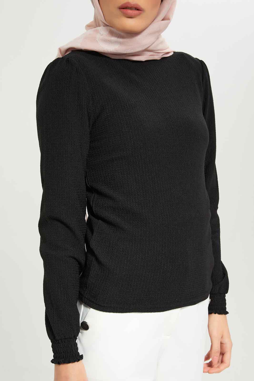 Redtag-Women-Ruffled-Highneck-Longsleeve-Top-Category:Tops,-Colour:Black,-Deals:New-In,-Dept:Ladieswear,-Filter:Women's-Clothing,-LMC,-New-In-Women-APL,-Non-Sale,-S23A,-Section:Women,-Women-Tops--