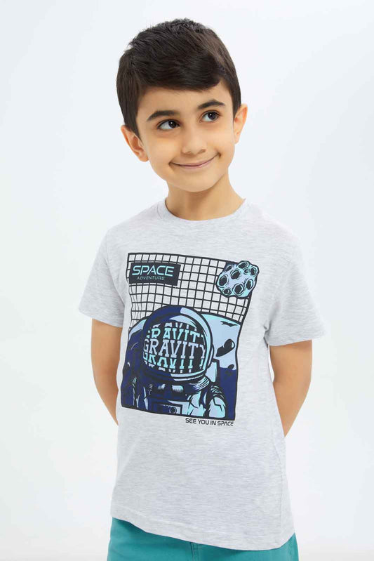 Redtag-Boys-Grey-Mel-Space-Short-Sleeve-Graphic-T-Shirt-BOY-T-Shirts,-Category:T-Shirts,-Colour:Grey,-Deals:New-In,-Dept:Boys,-Filter:Boys-(2-to-8-Yrs),-New-In-BOY-APL,-Non-Sale,-S23B,-Section:Boys-(0-to-14Yrs),-TBL-Boys-2 to 8 Years