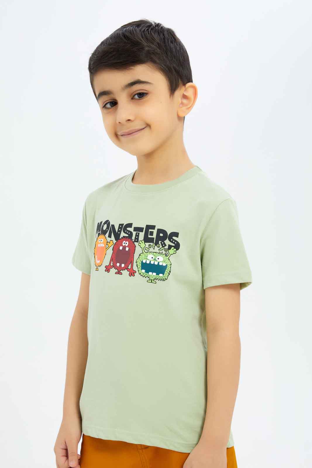 Redtag-Boys-Olive-Monster-Short-Sleeve-Graphic-T-Shirt-BOY-T-Shirts,-Category:T-Shirts,-Colour:Green,-Deals:New-In,-Dept:Boys,-Filter:Boys-(2-to-8-Yrs),-New-In-BOY-APL,-Non-Sale,-S23B,-Section:Boys-(0-to-14Yrs),-TBL-Boys-2 to 8 Years
