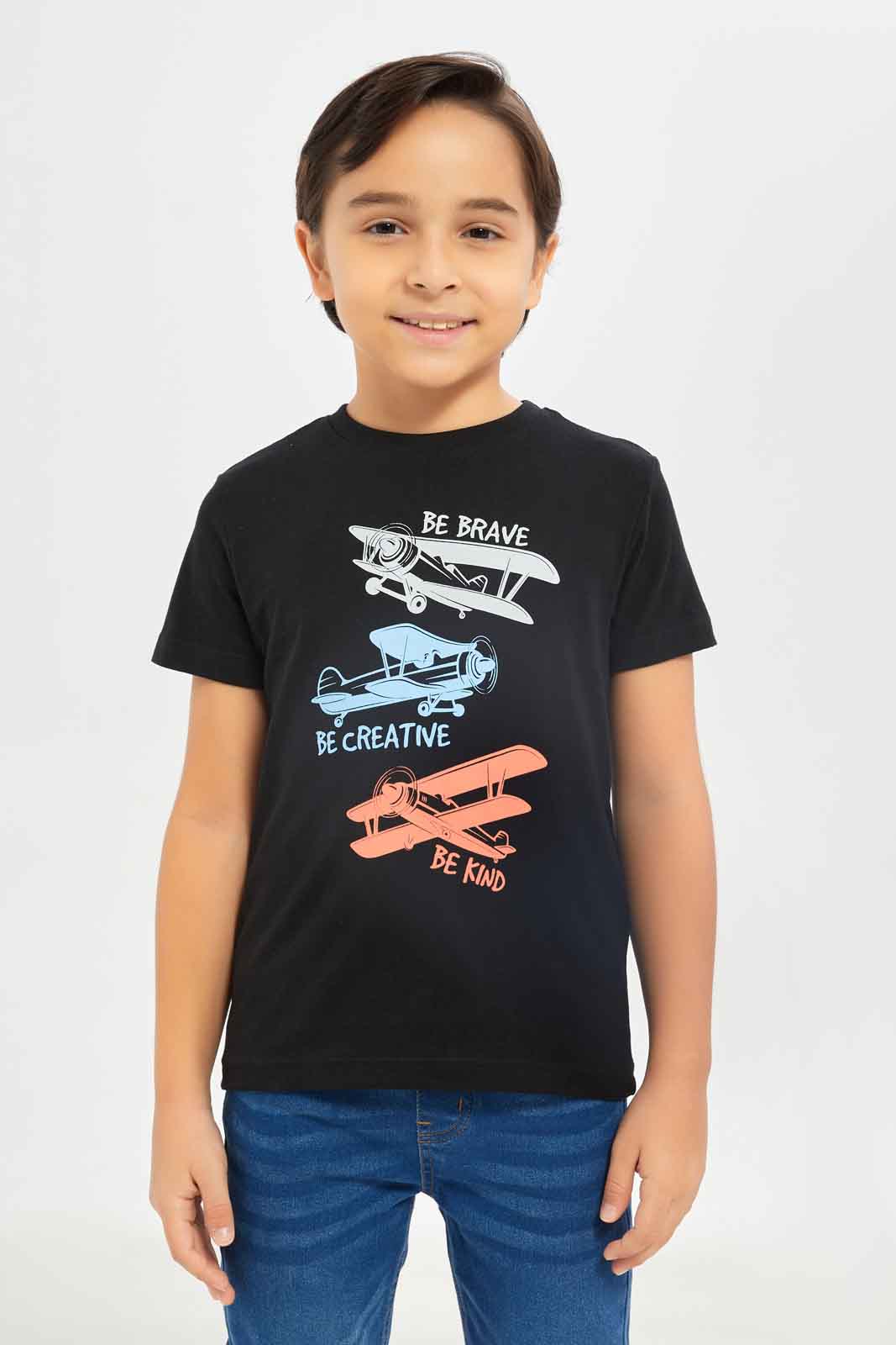 Redtag-Boys-Black-Planeshort-Sleeve-Graphic-T-Shirt-BOY-T-Shirts,-Category:T-Shirts,-Colour:Black,-Deals:New-In,-Dept:Boys,-Filter:Boys-(2-to-8-Yrs),-New-In-BOY-APL,-Non-Sale,-S23B,-Section:Boys-(0-to-14Yrs),-TBL-Boys-2 to 8 Years