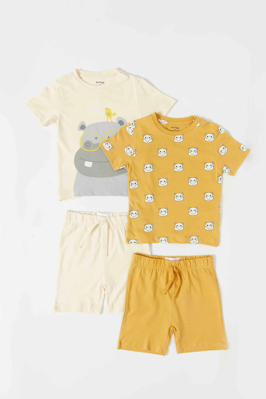 Redtag-Boys-Yellow-And-White-Hippo-Short-Slv-Pj-Set-4-Pack-Category:Pyjama-Sets,-Colour:Yellow,-Deals:New-In,-Dept:Boys,-Filter:Infant-Boys-(3-to-24-Mths),-INB-Pyjama-Sets,-New-In-INB-APL,-Non-Sale,-S23A,-Section:Boys-(0-to-14Yrs)-Infant-Boys-3 to 24 Months