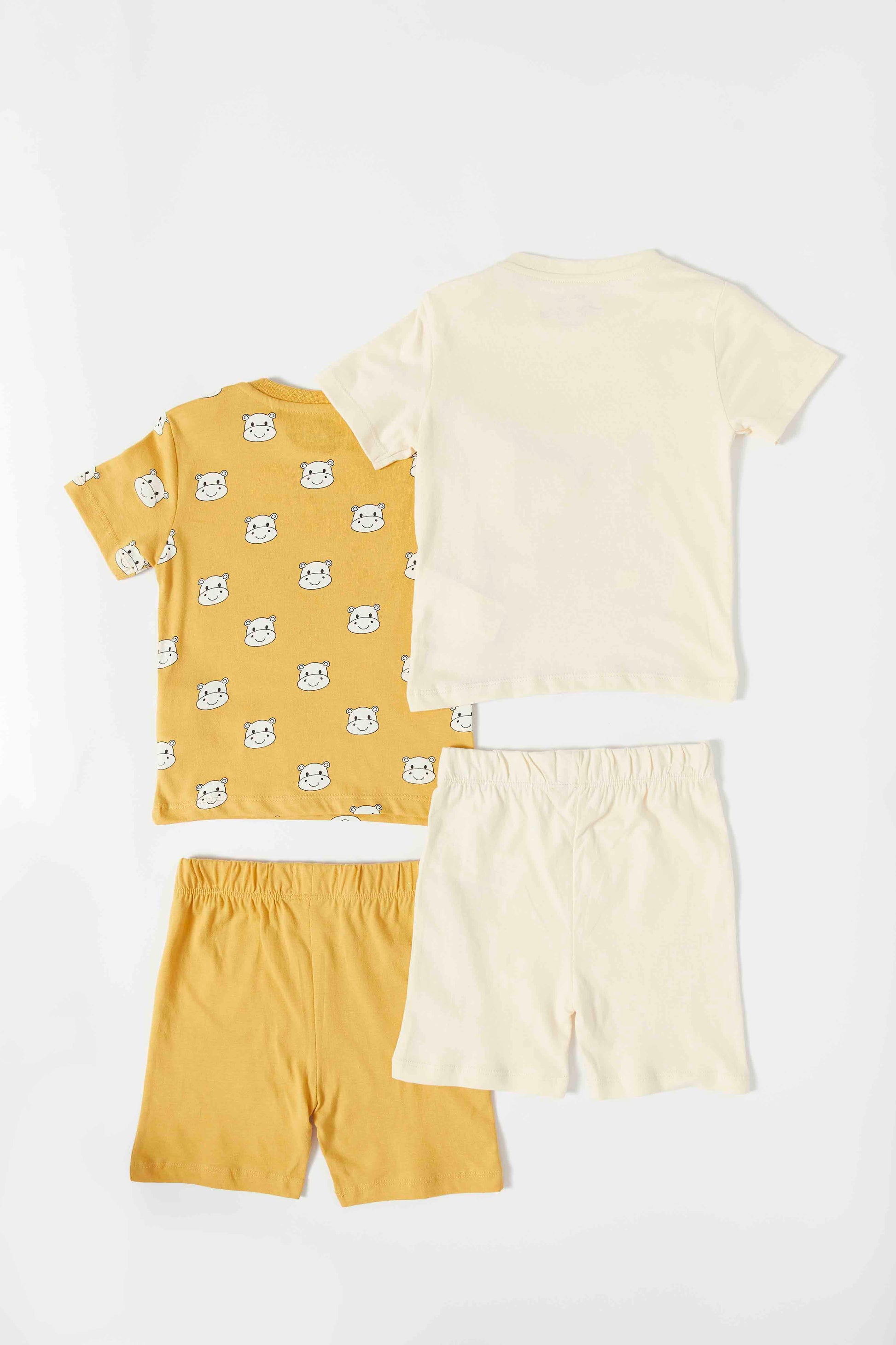 Redtag-Boys-Yellow-And-White-Hippo-Short-Slv-Pj-Set-4-Pack-Category:Pyjama-Sets,-Colour:Yellow,-Deals:New-In,-Dept:Boys,-Filter:Infant-Boys-(3-to-24-Mths),-INB-Pyjama-Sets,-New-In-INB-APL,-Non-Sale,-S23A,-Section:Boys-(0-to-14Yrs)-Infant-Boys-3 to 24 Months