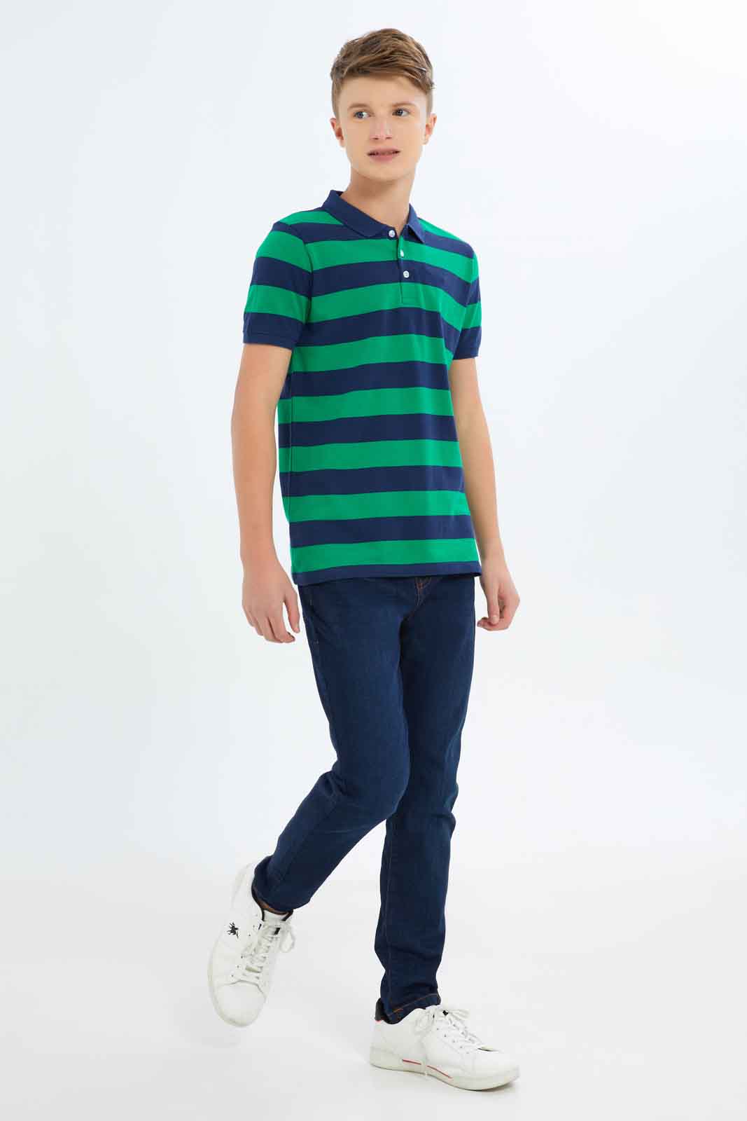 Redtag-Boys-Green/Navy-Stripe-Polo-Tee-BSR-Polo-T-Shirts,-Category:Polo-T-Shirts,-Colour:Assorted,-Deals:New-In,-Dept:Boys,-Filter:Senior-Boys-(8-to-14-Yrs),-New-In-BSR-APL,-Non-Sale,-S23A,-Section:Boys-(0-to-14Yrs)-Senior-Boys-9 to 14 Years
