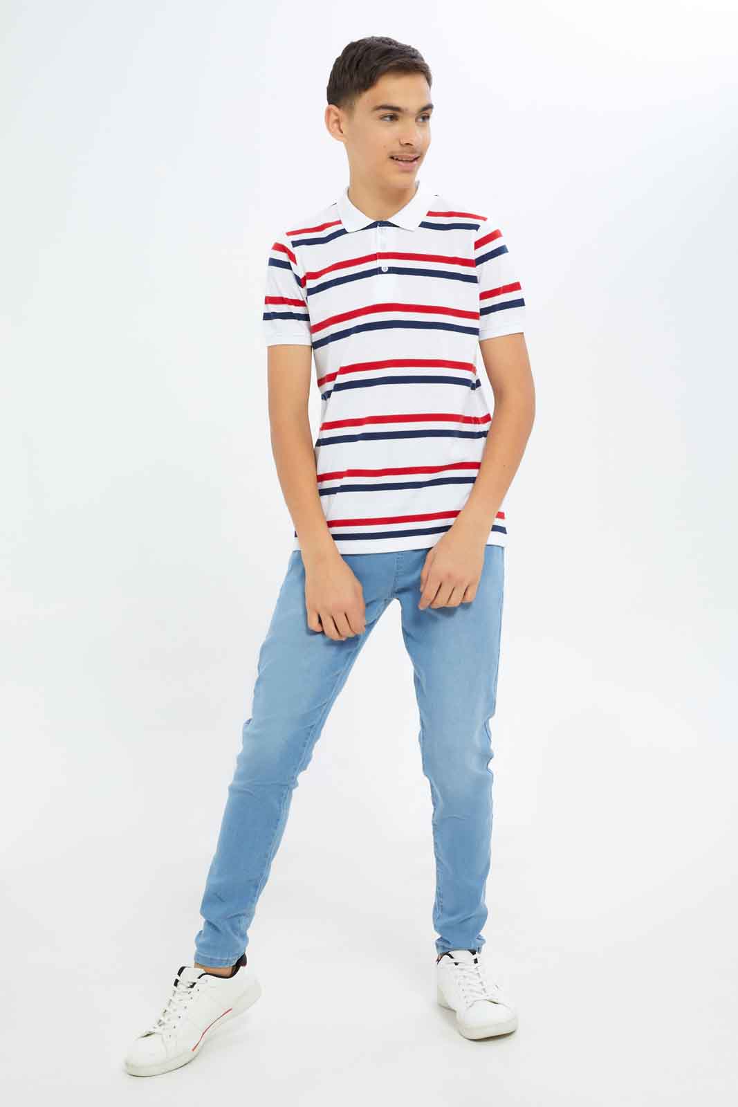 Redtag-Boys-White-Stripe-Polo-Tee-BSR-Polo-T-Shirts,-Category:Polo-T-Shirts,-Colour:White,-Deals:New-In,-Dept:Boys,-Filter:Senior-Boys-(8-to-14-Yrs),-New-In-BSR-APL,-Non-Sale,-S23A,-Section:Boys-(0-to-14Yrs)-Senior-Boys-9 to 14 Years