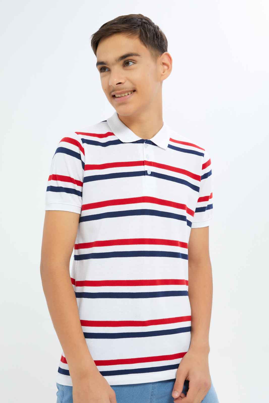 Redtag-Boys-White-Stripe-Polo-Tee-BSR-Polo-T-Shirts,-Category:Polo-T-Shirts,-Colour:White,-Deals:New-In,-Dept:Boys,-Filter:Senior-Boys-(8-to-14-Yrs),-New-In-BSR-APL,-Non-Sale,-S23A,-Section:Boys-(0-to-14Yrs)-Senior-Boys-9 to 14 Years