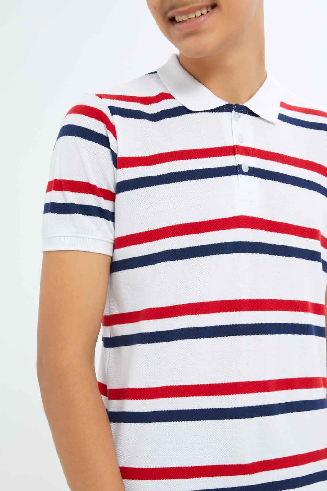 Redtag-Boys-White-Stripe-Polo-Tee-BSR-Polo-T-Shirts,-Category:Polo-T-Shirts,-Colour:White,-Deals:New-In,-Dept:Boys,-Filter:Senior-Boys-(8-to-14-Yrs),-New-In-BSR-APL,-Non-Sale,-S23A,-Section:Boys-(0-to-14Yrs)-Senior-Boys-9 to 14 Years
