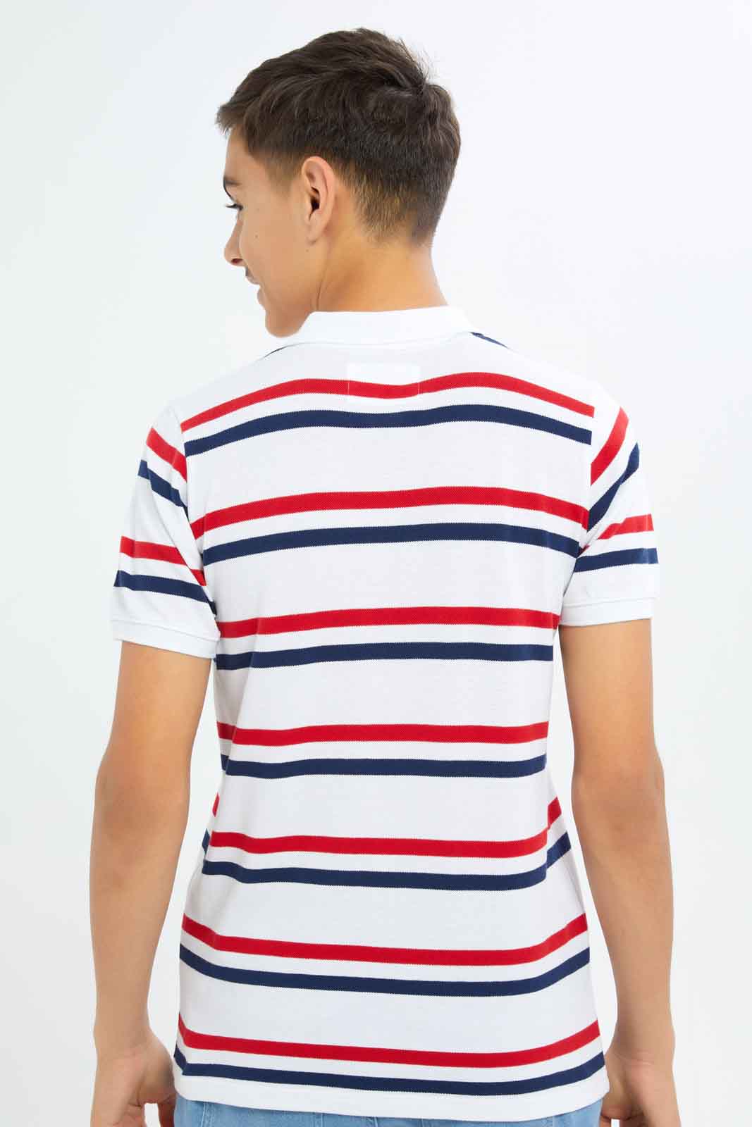 Redtag-Boys-White-Stripe-Polo-Tee-BSR-Polo-T-Shirts,-Category:Polo-T-Shirts,-Colour:White,-Deals:New-In,-Dept:Boys,-Filter:Senior-Boys-(8-to-14-Yrs),-New-In-BSR-APL,-Non-Sale,-S23A,-Section:Boys-(0-to-14Yrs)-Senior-Boys-9 to 14 Years