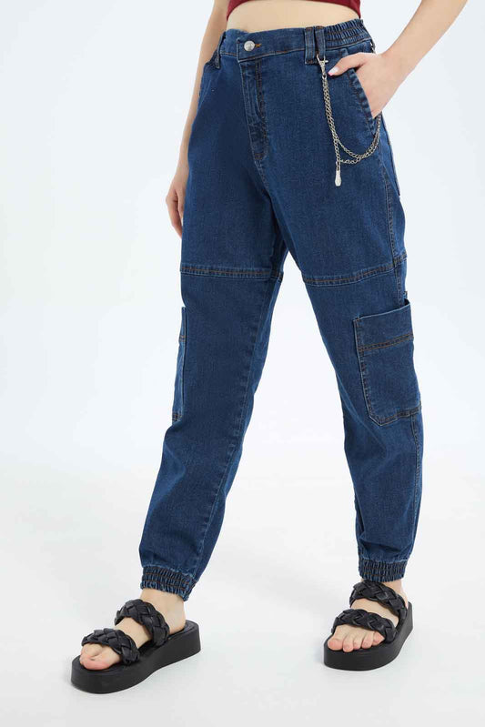 Redtag-Women-Dark-Wash-Cargo-Jeans-With-Metal-Chain-Category:Jeans,-Colour:Dark-Wash,-Deals:New-In,-Dept:Ladieswear,-Filter:Women's-Clothing,-New-In-Women-APL,-Non-Sale,-S23A,-Section:Women,-TBL,-Women-Jeans-Women's-