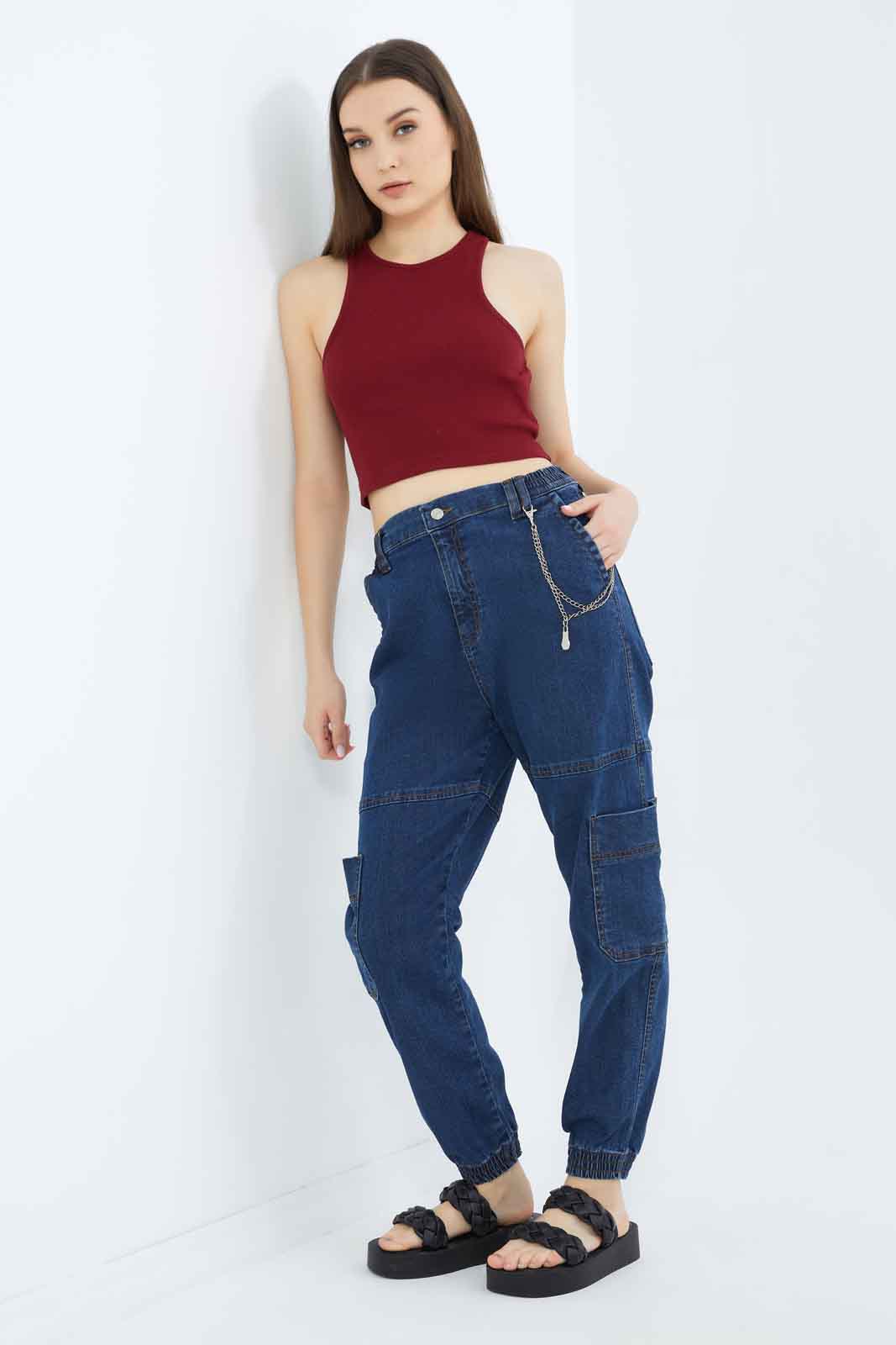 Redtag-Women-Dark-Wash-Cargo-Jeans-With-Metal-Chain-Category:Jeans,-Colour:Dark-Wash,-Deals:New-In,-Dept:Ladieswear,-Filter:Women's-Clothing,-New-In-Women-APL,-Non-Sale,-S23A,-Section:Women,-TBL,-Women-Jeans-Women's-