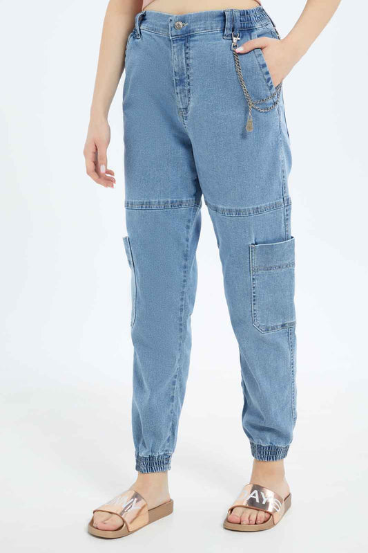 Redtag-Women-Light-Wash-Cargo-Jeans-With-Metal-Chain-Category:Jeans,-Colour:Light-Wash,-Deals:New-In,-Dept:Ladieswear,-Filter:Women's-Clothing,-New-In-Women-APL,-Non-Sale,-S23A,-Section:Women,-TBL,-Women-Jeans-Women's-