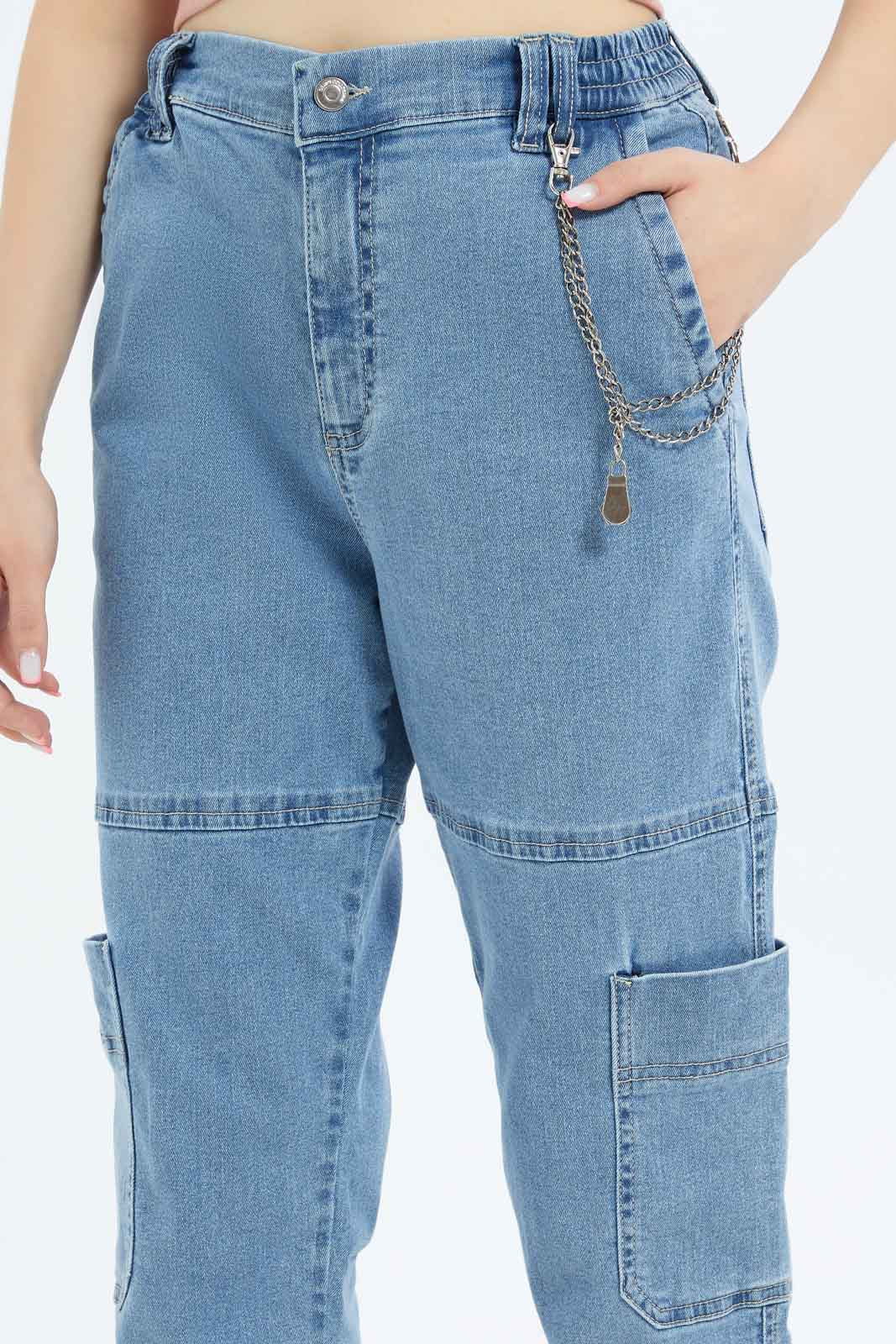 Redtag-Women-Light-Wash-Cargo-Jeans-With-Metal-Chain-Category:Jeans,-Colour:Light-Wash,-Deals:New-In,-Dept:Ladieswear,-Filter:Women's-Clothing,-New-In-Women-APL,-Non-Sale,-S23A,-Section:Women,-TBL,-Women-Jeans-Women's-