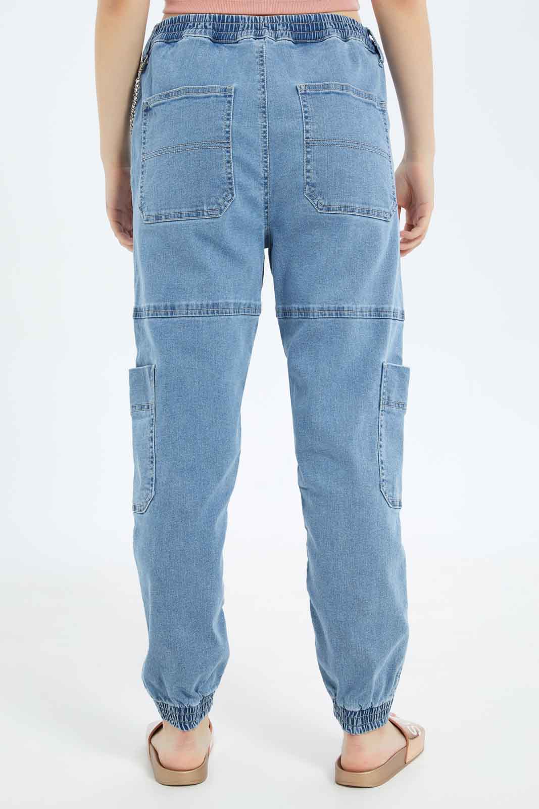 Redtag-Women-Light-Wash-Cargo-Jeans-With-Metal-Chain-Category:Jeans,-Colour:Light-Wash,-Deals:New-In,-Dept:Ladieswear,-Filter:Women's-Clothing,-New-In-Women-APL,-Non-Sale,-S23A,-Section:Women,-TBL,-Women-Jeans-Women's-