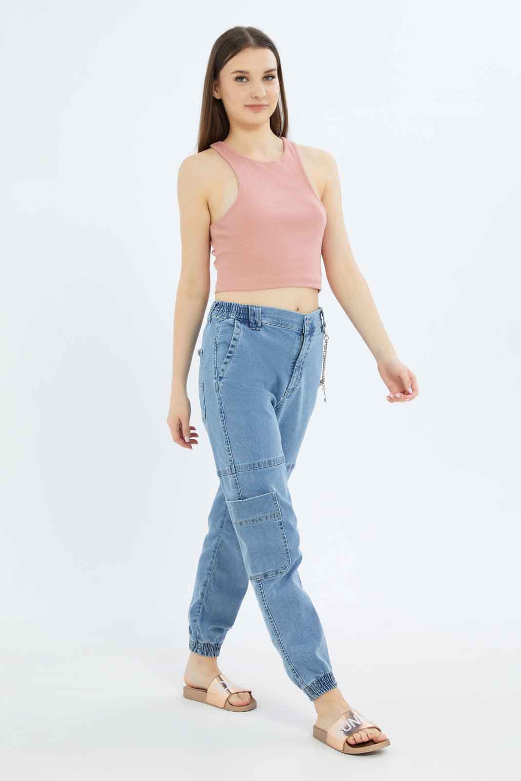 Redtag-Women-Light-Wash-Cargo-Jeans-With-Metal-Chain-Category:Jeans,-Colour:Light-Wash,-Deals:New-In,-Dept:Ladieswear,-Filter:Women's-Clothing,-New-In-Women-APL,-Non-Sale,-S23A,-Section:Women,-TBL,-Women-Jeans-Women's-