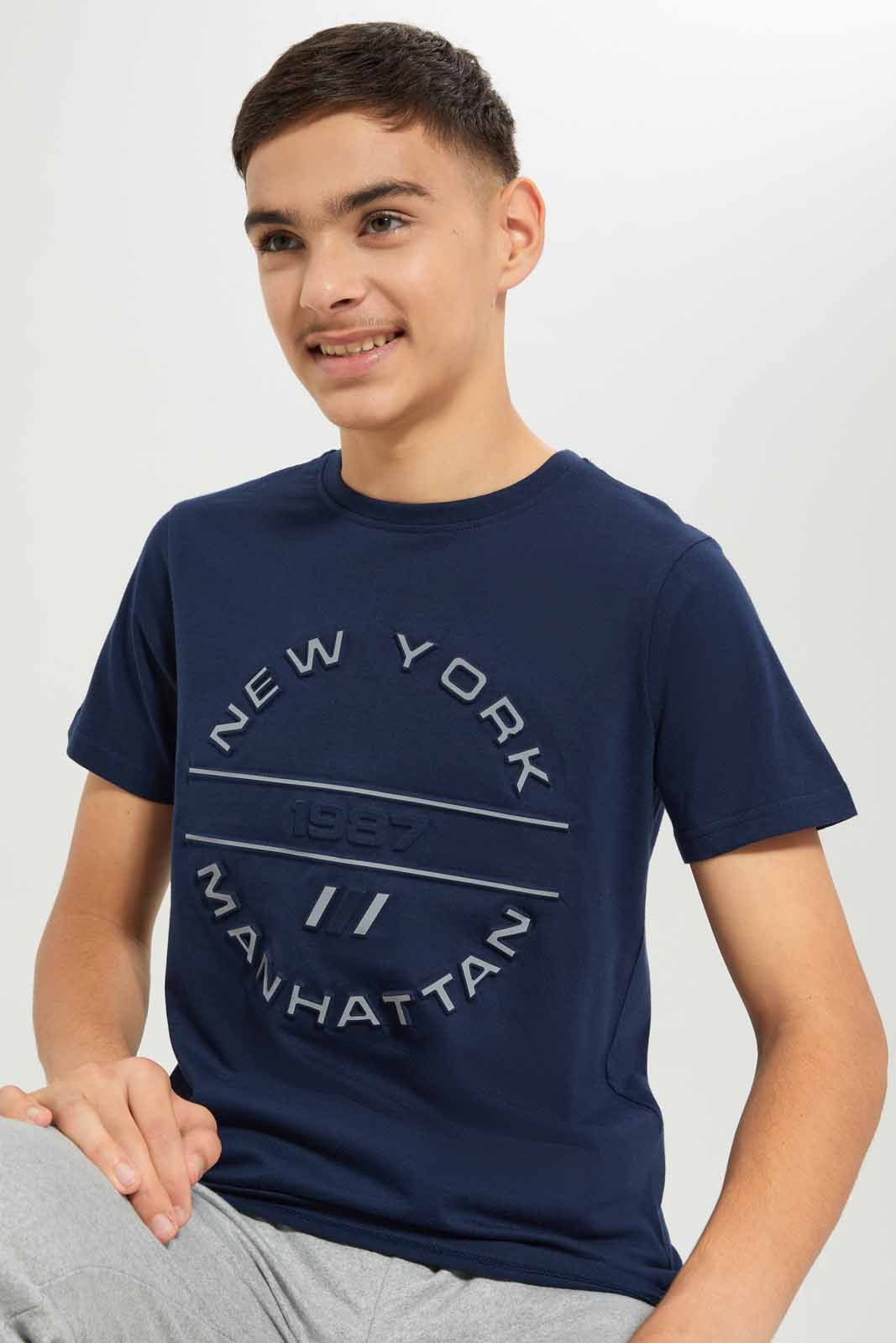 Redtag-Boys-Navy-Rubber-Print-Tee-BSR-T-Shirts,-Category:T-Shirts,-Colour:Navy,-Deals:New-In,-Dept:Boys,-Filter:Senior-Boys-(8-to-14-Yrs),-New-In-BSR-APL,-Non-Sale,-S23A,-Section:Boys-(0-to-14Yrs)-Senior-Boys-9 to 14 Years