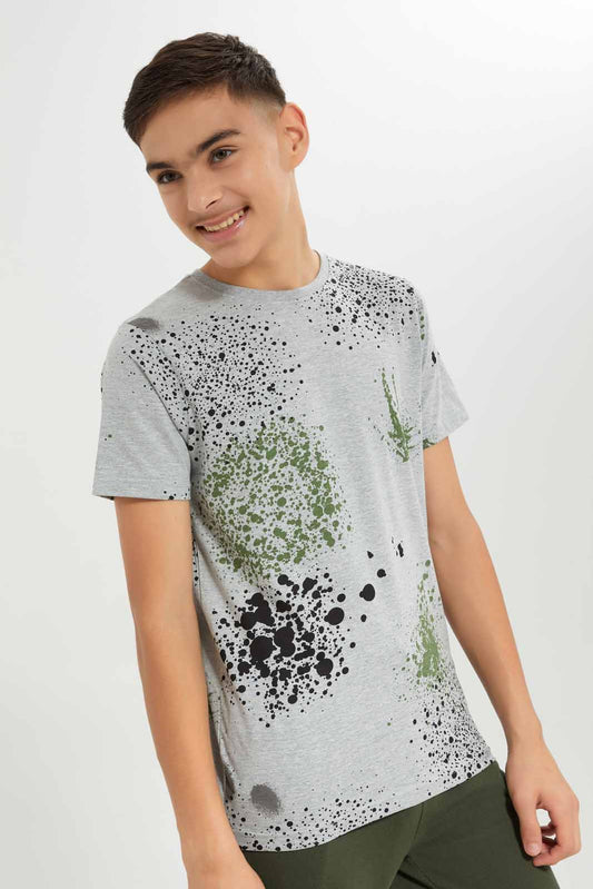 Redtag-Boys-Grey-Mel-Splatter-Print-Tee-BSR-T-Shirts,-Category:T-Shirts,-Colour:Grey,-Deals:New-In,-Dept:Boys,-Filter:Senior-Boys-(8-to-14-Yrs),-New-In-BSR-APL,-Non-Sale,-S23A,-Section:Boys-(0-to-14Yrs)-Senior-Boys-9 to 14 Years