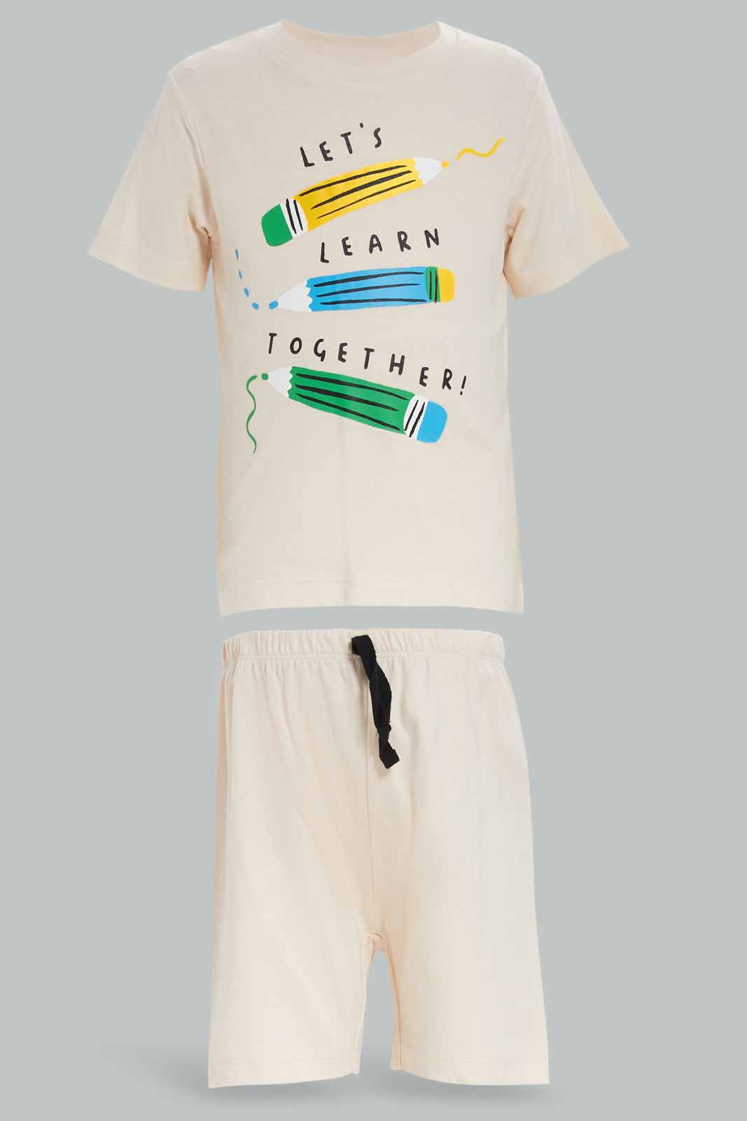 Redtag-Boys-Beige-Tshirt-And-Short-2-Pack-Pj-Set-Category:Pyjama-Sets,-Colour:Beige,-Deals:New-In,-Dept:Boys,-Filter:Infant-Boys-(3-to-24-Mths),-INB-Pyjama-Sets,-New-In-INB-APL,-Non-Sale,-S23A,-Section:Boys-(0-to-14Yrs)-Infant-Boys-3 to 24 Months