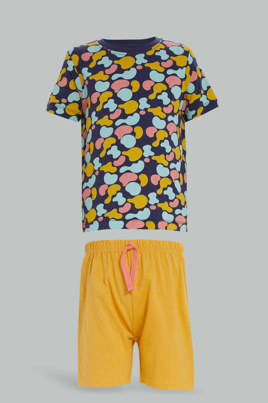 Redtag-Boys-Blue-Aop-Tshirt-And-Mustard-Short-2-Pack-Pj-Set-Category:Pyjama-Sets,-Colour:Blue,-Deals:New-In,-Dept:Boys,-Filter:Infant-Boys-(3-to-24-Mths),-INB-Pyjama-Sets,-New-In-INB-APL,-Non-Sale,-S23A,-Section:Boys-(0-to-14Yrs)-Infant-Boys-3 to 24 Months