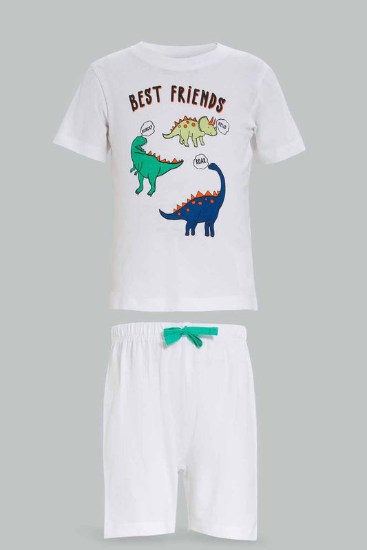 Redtag-Boys-Cream-Dino-Tshirt-And-Short-2-Pack-Pj-Set-Category:Pyjama-Sets,-Colour:White,-Deals:New-In,-Dept:Boys,-Filter:Infant-Boys-(3-to-24-Mths),-INB-Pyjama-Sets,-New-In-INB-APL,-Non-Sale,-S23A,-Section:Boys-(0-to-14Yrs)-Infant-Boys-3 to 24 Months