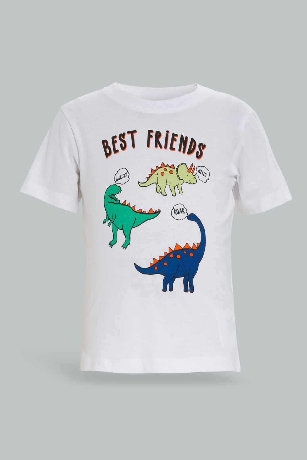 Redtag-Boys-Cream-Dino-Tshirt-And-Short-2-Pack-Pj-Set-Category:Pyjama-Sets,-Colour:White,-Deals:New-In,-Dept:Boys,-Filter:Infant-Boys-(3-to-24-Mths),-INB-Pyjama-Sets,-New-In-INB-APL,-Non-Sale,-S23A,-Section:Boys-(0-to-14Yrs)-Infant-Boys-3 to 24 Months