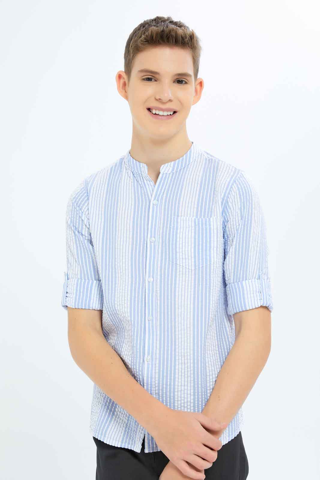 Redtag-Boys-Blue-Stripe-Casual-Shirt-BSR-Shirts,-Category:Shirts,-Colour:Blue,-Deals:New-In,-Dept:Boys,-Filter:Senior-Boys-(8-to-14-Yrs),-New-In-BSR-APL,-Non-Sale,-S23A,-Section:Boys-(0-to-14Yrs)-Senior-Boys-9 to 14 Years