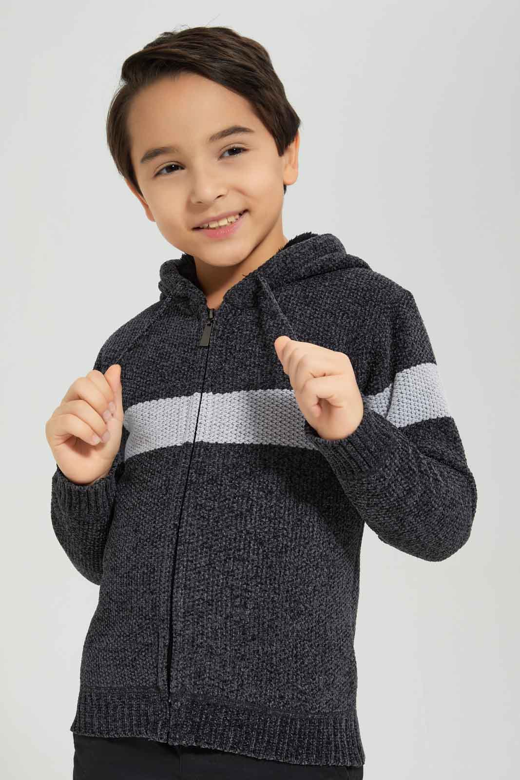 Redtag-Boys-Charcoal-Chenille-Stripe-Hooded-Zip-Through-Cardigan-BOY-Cardigans,-Category:Cardigans,-Colour:Charcoal,-Deals:New-In,-Dept:Boys,-Filter:Boys-(2-to-8-Yrs),-New-In-BOY-APL,-Non-Sale,-S23A,-Section:Boys-(0-to-14Yrs)-Boys-2 to 8 Years