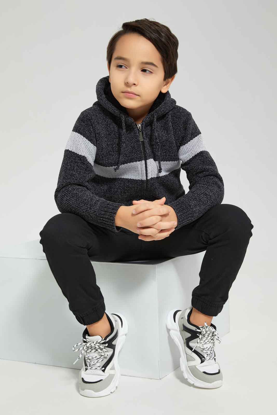 Redtag-Boys-Charcoal-Chenille-Stripe-Hooded-Zip-Through-Cardigan-BOY-Cardigans,-Category:Cardigans,-Colour:Charcoal,-Deals:New-In,-Dept:Boys,-Filter:Boys-(2-to-8-Yrs),-New-In-BOY-APL,-Non-Sale,-S23A,-Section:Boys-(0-to-14Yrs)-Boys-2 to 8 Years