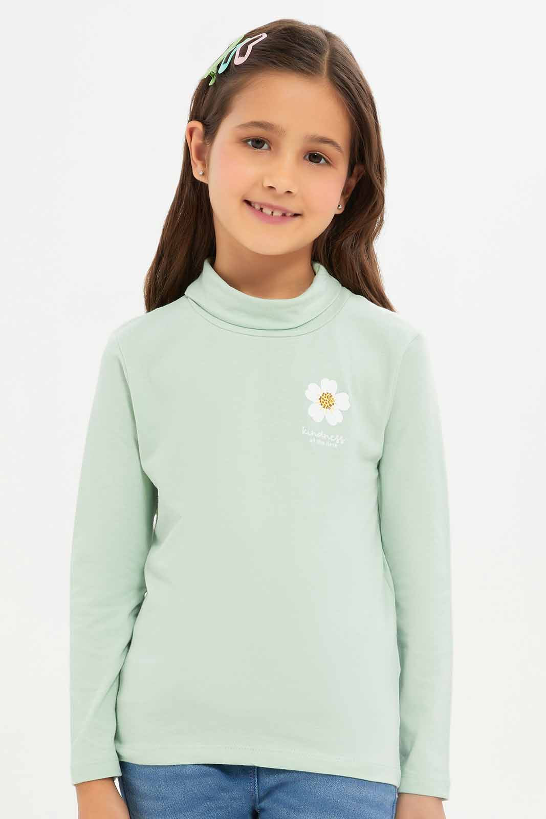 Redtag-Girls-Green-High-Neck-Tee-Category:T-Shirts,-Colour:Green,-Deals:New-In,-Dept:Girls,-Filter:Girls-(2-to-8-Yrs),-GIR-T-Shirts,-New-In-GIR-APL,-Non-Sale,-S23A,-Section:Girls-(0-to-14Yrs)-Girls-2 to 8 Years
