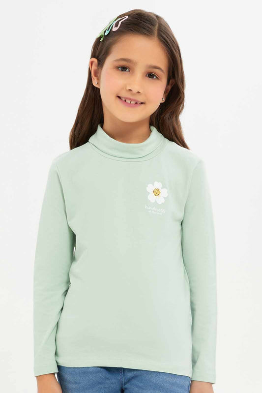 Redtag-Girls-Green-High-Neck-Tee-Category:T-Shirts,-Colour:Green,-Deals:New-In,-Dept:Girls,-Filter:Girls-(2-to-8-Yrs),-GIR-T-Shirts,-New-In-GIR-APL,-Non-Sale,-S23A,-Section:Girls-(0-to-14Yrs)-Girls-2 to 8 Years