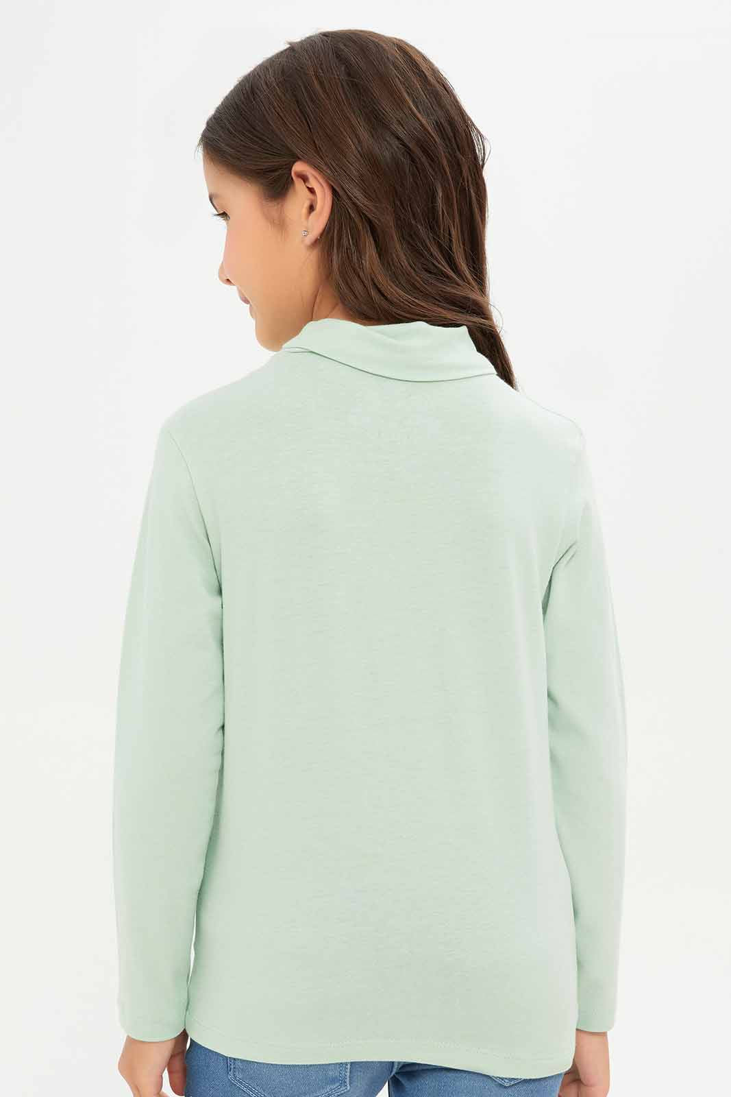 Redtag-Girls-Green-High-Neck-Tee-Category:T-Shirts,-Colour:Green,-Deals:New-In,-Dept:Girls,-Filter:Girls-(2-to-8-Yrs),-GIR-T-Shirts,-New-In-GIR-APL,-Non-Sale,-S23A,-Section:Girls-(0-to-14Yrs)-Girls-2 to 8 Years