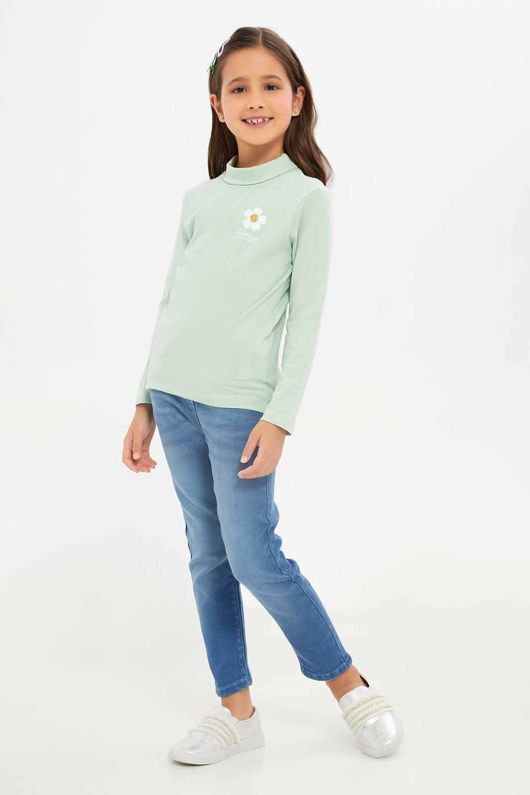 Redtag-Girls-Green-High-Neck-Tee-Category:T-Shirts,-Colour:Green,-Deals:New-In,-Dept:Girls,-Filter:Girls-(2-to-8-Yrs),-GIR-T-Shirts,-New-In-GIR-APL,-Non-Sale,-S23A,-Section:Girls-(0-to-14Yrs)-Girls-2 to 8 Years