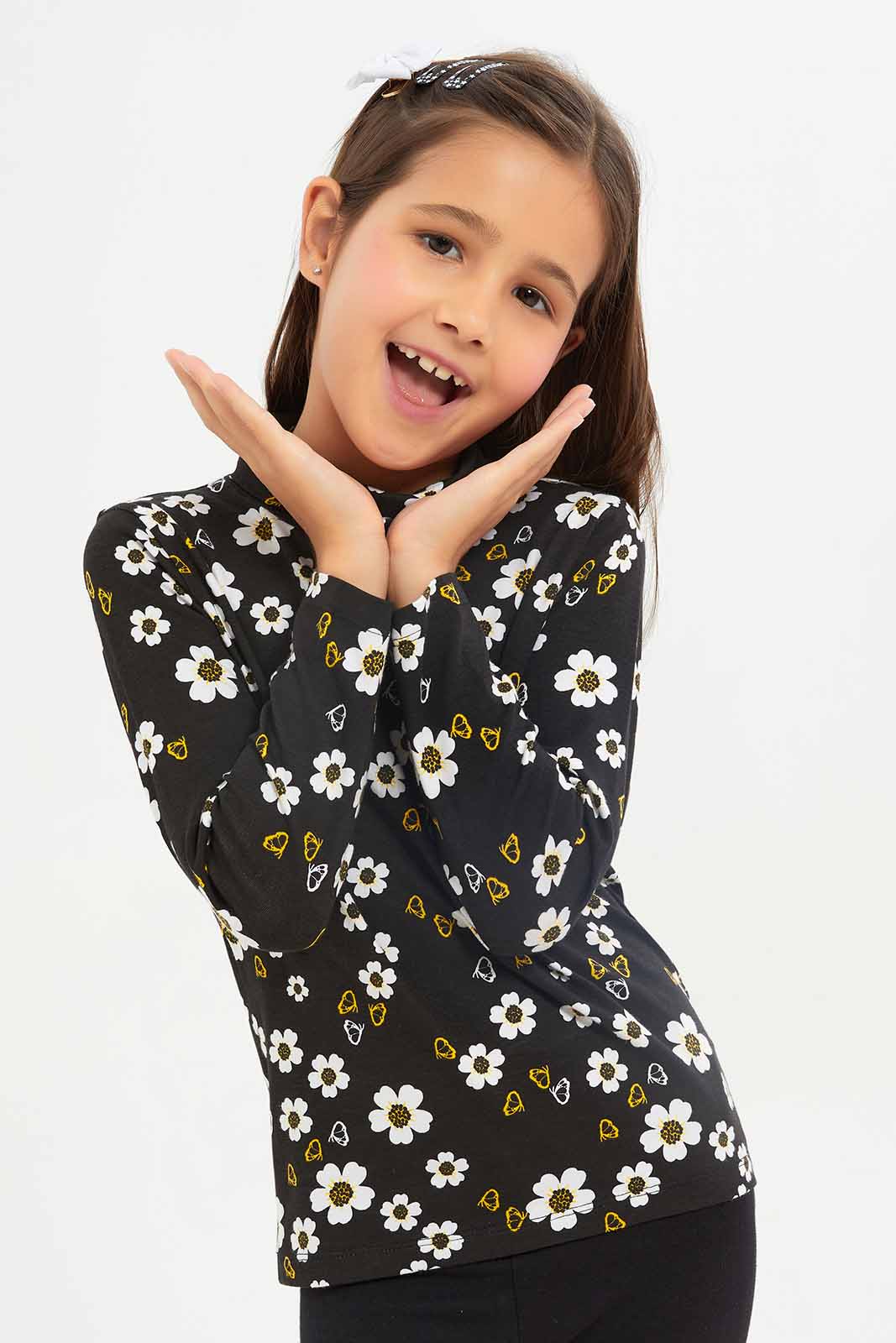 Redtag-Girls-Black-Floral-High-Neck-Tee-Category:T-Shirts,-Colour:Black,-Deals:New-In,-Dept:Girls,-Filter:Girls-(2-to-8-Yrs),-GIR-T-Shirts,-New-In-GIR-APL,-Non-Sale,-S23A,-Section:Girls-(0-to-14Yrs)-Girls-2 to 8 Years