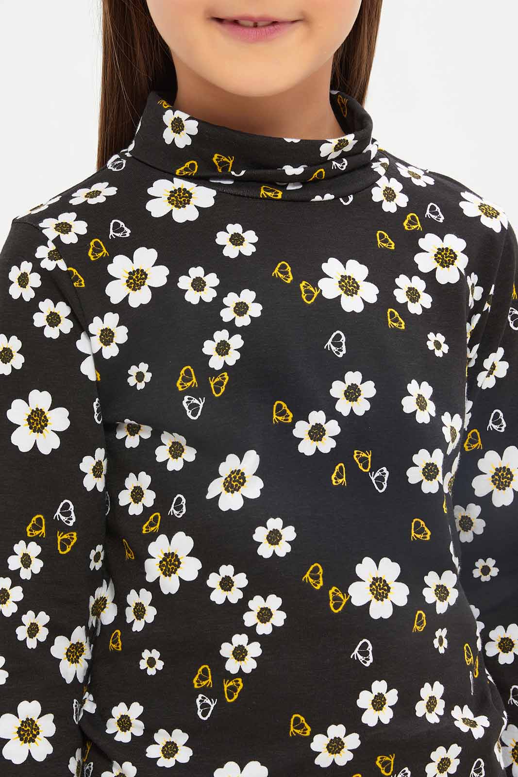 Redtag-Girls-Black-Floral-High-Neck-Tee-Category:T-Shirts,-Colour:Black,-Deals:New-In,-Dept:Girls,-Filter:Girls-(2-to-8-Yrs),-GIR-T-Shirts,-New-In-GIR-APL,-Non-Sale,-S23A,-Section:Girls-(0-to-14Yrs)-Girls-2 to 8 Years