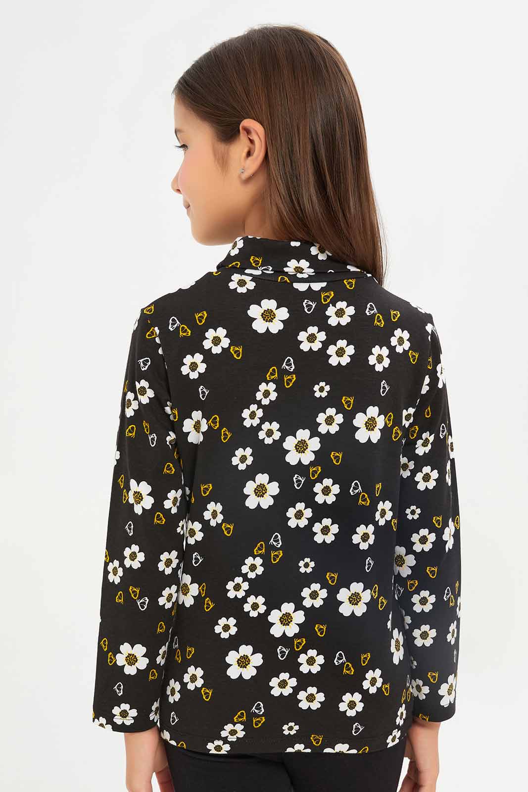 Redtag-Girls-Black-Floral-High-Neck-Tee-Category:T-Shirts,-Colour:Black,-Deals:New-In,-Dept:Girls,-Filter:Girls-(2-to-8-Yrs),-GIR-T-Shirts,-New-In-GIR-APL,-Non-Sale,-S23A,-Section:Girls-(0-to-14Yrs)-Girls-2 to 8 Years