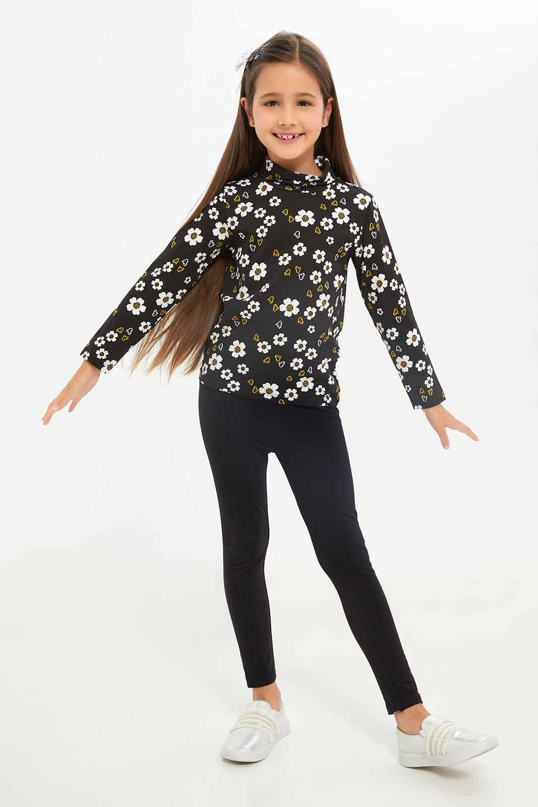 Redtag-Girls-Black-Floral-High-Neck-Tee-Category:T-Shirts,-Colour:Black,-Deals:New-In,-Dept:Girls,-Filter:Girls-(2-to-8-Yrs),-GIR-T-Shirts,-New-In-GIR-APL,-Non-Sale,-S23A,-Section:Girls-(0-to-14Yrs)-Girls-2 to 8 Years