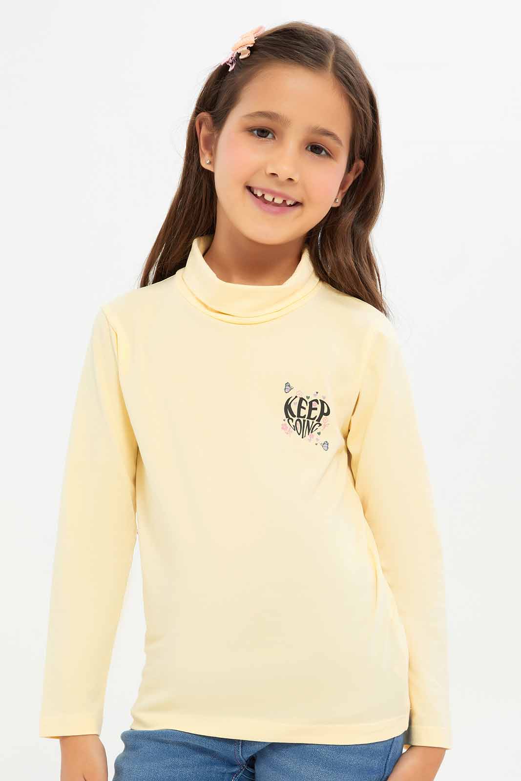 Redtag-Girls-Yellow-High-Neck-Tee-Category:T-Shirts,-Colour:Yellow,-Deals:New-In,-Dept:Girls,-Filter:Girls-(2-to-8-Yrs),-GIR-T-Shirts,-New-In-GIR-APL,-Non-Sale,-S23A,-Section:Girls-(0-to-14Yrs)-Girls-2 to 8 Years