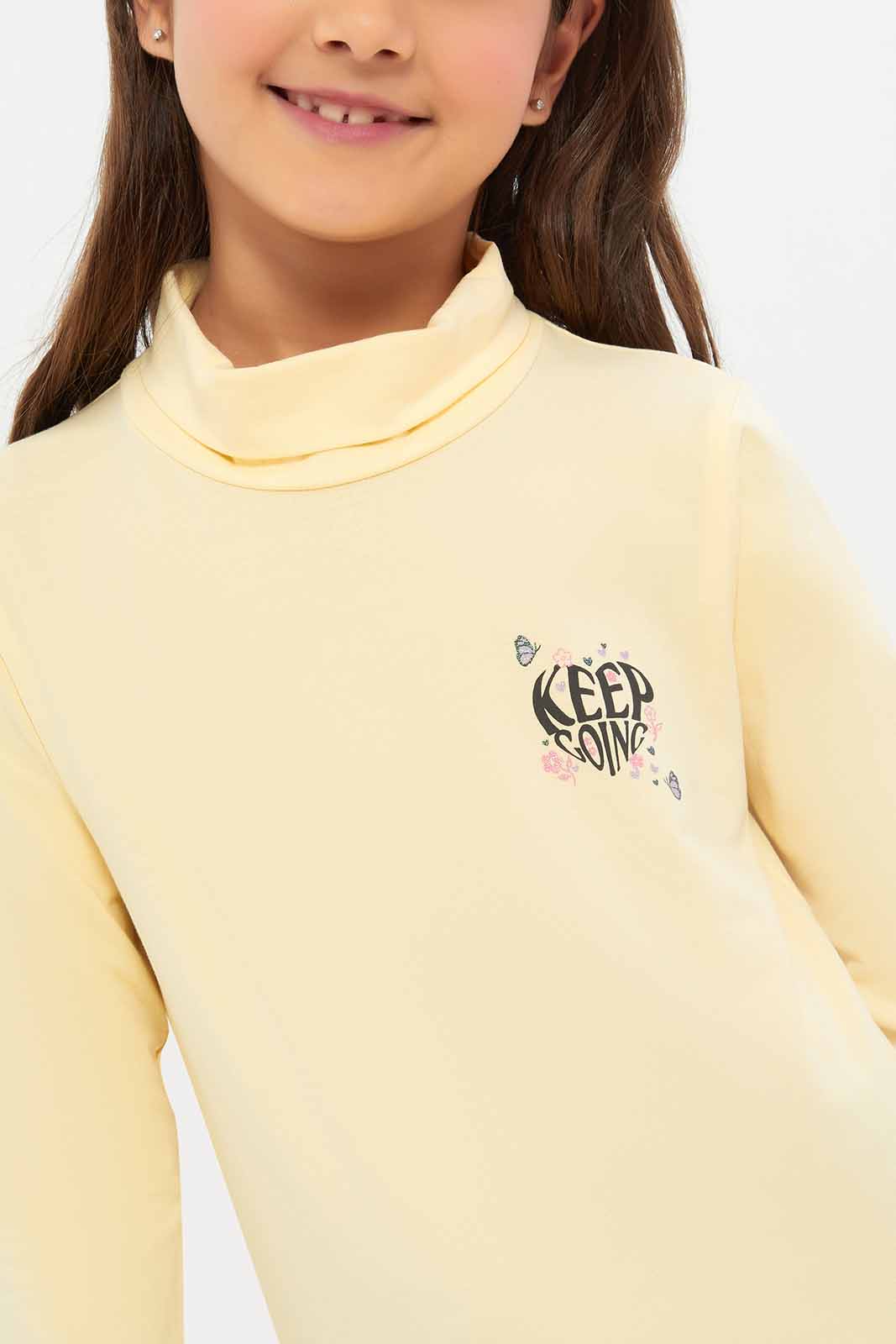 Redtag-Girls-Yellow-High-Neck-Tee-Category:T-Shirts,-Colour:Yellow,-Deals:New-In,-Dept:Girls,-Filter:Girls-(2-to-8-Yrs),-GIR-T-Shirts,-New-In-GIR-APL,-Non-Sale,-S23A,-Section:Girls-(0-to-14Yrs)-Girls-2 to 8 Years