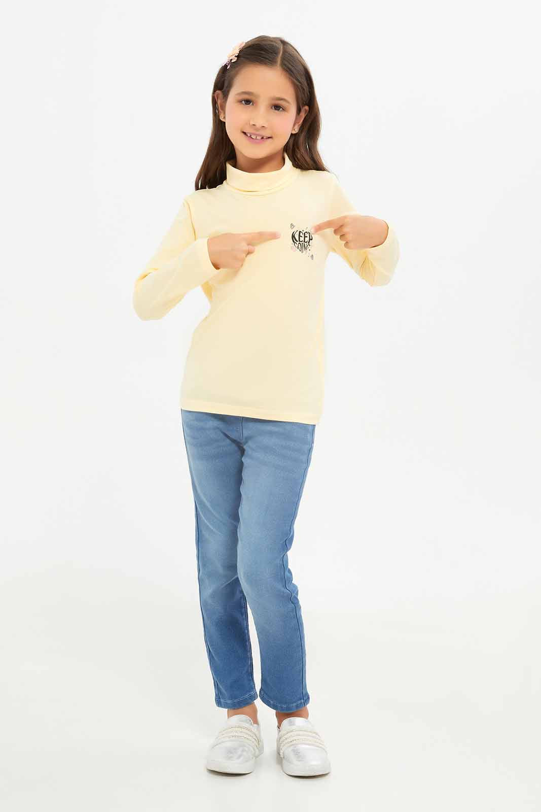 Redtag-Girls-Yellow-High-Neck-Tee-Category:T-Shirts,-Colour:Yellow,-Deals:New-In,-Dept:Girls,-Filter:Girls-(2-to-8-Yrs),-GIR-T-Shirts,-New-In-GIR-APL,-Non-Sale,-S23A,-Section:Girls-(0-to-14Yrs)-Girls-2 to 8 Years