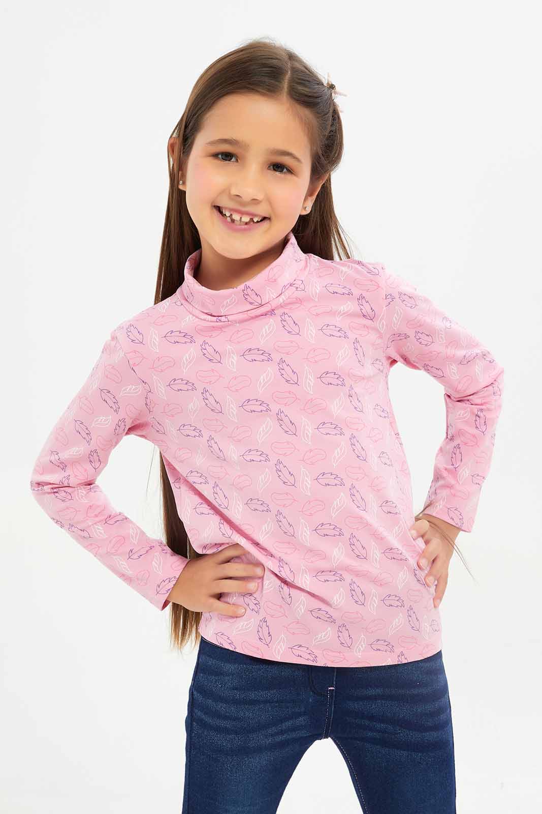 Redtag-Girls-Pink-Printed-High-Neck-Tee-Category:T-Shirts,-Colour:Apricot,-Deals:New-In,-Dept:Girls,-Filter:Girls-(2-to-8-Yrs),-GIR-T-Shirts,-New-In-GIR-APL,-Non-Sale,-S23A,-Section:Girls-(0-to-14Yrs)-Girls-2 to 8 Years