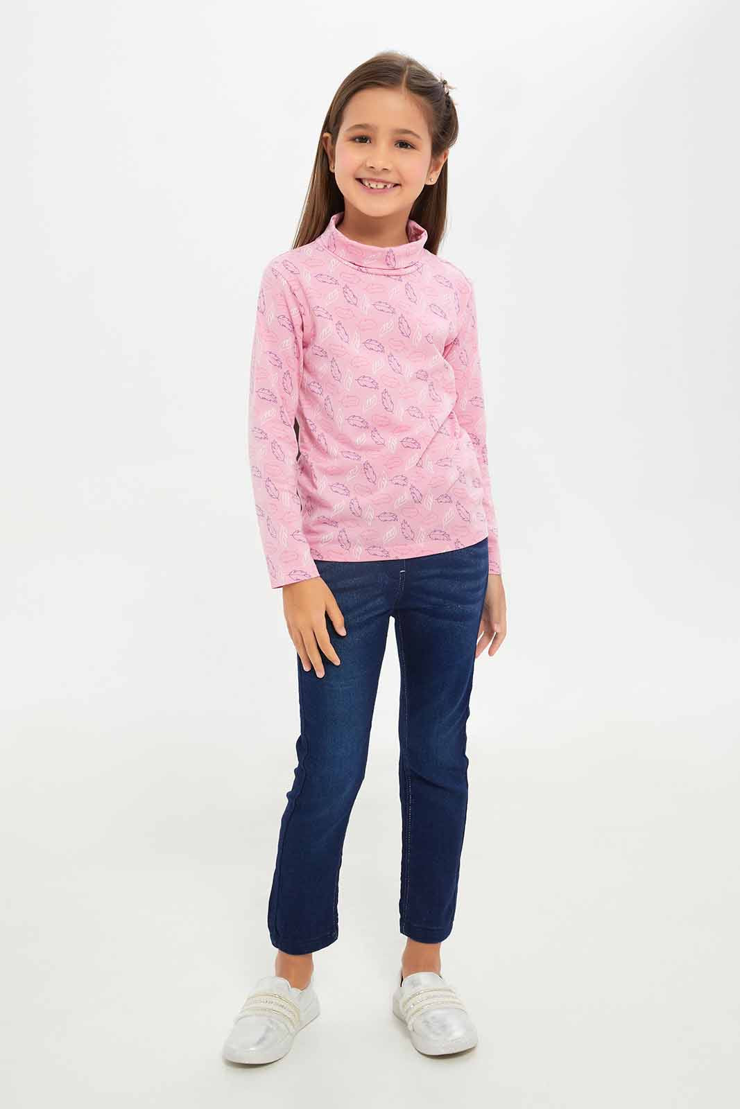 Redtag-Girls-Pink-Printed-High-Neck-Tee-Category:T-Shirts,-Colour:Apricot,-Deals:New-In,-Dept:Girls,-Filter:Girls-(2-to-8-Yrs),-GIR-T-Shirts,-New-In-GIR-APL,-Non-Sale,-S23A,-Section:Girls-(0-to-14Yrs)-Girls-2 to 8 Years