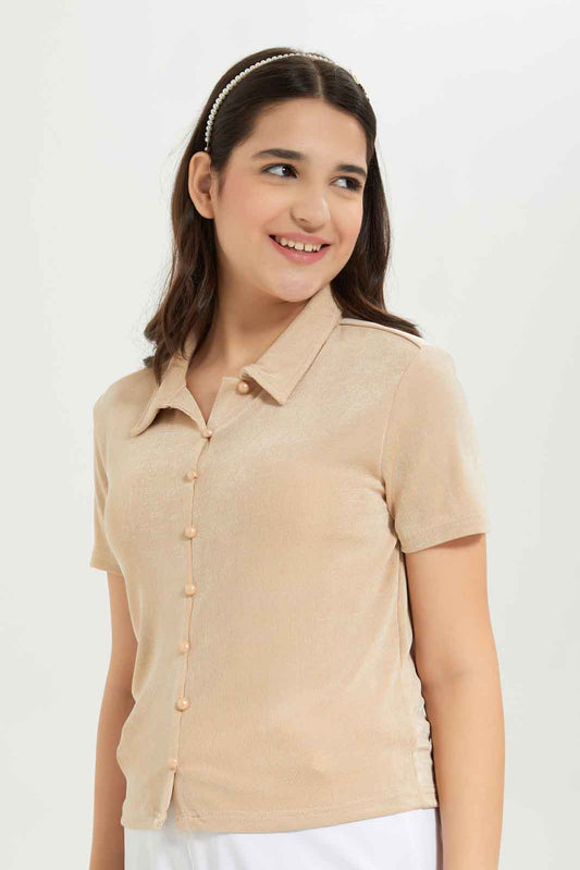 Redtag-Girls-Beige-Knitted-Shirt-Category:Blouses,-Colour:Beige,-Deals:New-In,-Dept:Girls,-EXE,-Filter:Senior-Girls-(8-to-14-Yrs),-GSR-Blouses,-New-In-GSR-APL,-Non-Sale,-S23B,-Section:Girls-(0-to-14Yrs)-Senior-Girls-9 to 14 Years