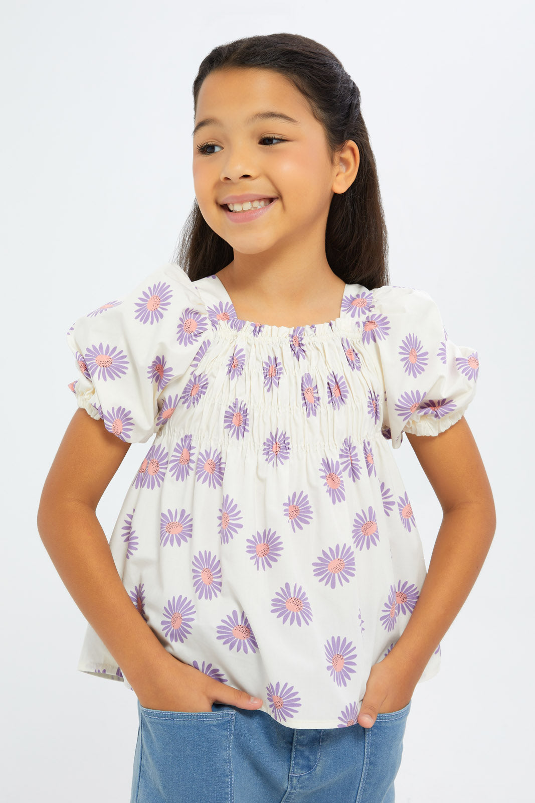 Redtag-Girls-Poplin-Puff-Sleeve-Blouse-Peach-Floral-Category:Blouses,-Colour:Apricot,-Deals:2-FOR-89,-Deals:2-FOR-90,-Deals:New-In,-Dept:Girls,-Filter:Girls-(2-to-8-Yrs),-GIR-Blouses,-H1:KWR,-H2:GIR,-H3:BLO,-H4:CBL,-New-In-GIR-APL,-Non-Sale,-S23B,-Season:S23B,-Section:Girls-(0-to-14Yrs)-Girls-2 to 8 Years