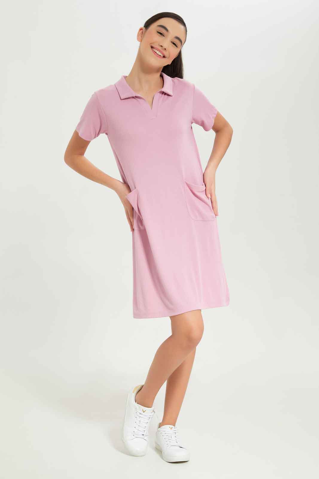 Redtag-Girls-Pink-Shortsleeve-Collared-Dress-Category:Dresses,-Colour:Apricot,-Deals:New-In,-Dept:Girls,-Filter:Senior-Girls-(8-to-14-Yrs),-GSR-Dresses,-New-In-GSR-APL,-Non-Sale,-S23B,-Section:Girls-(0-to-14Yrs)-Senior-Girls-9 to 14 Years