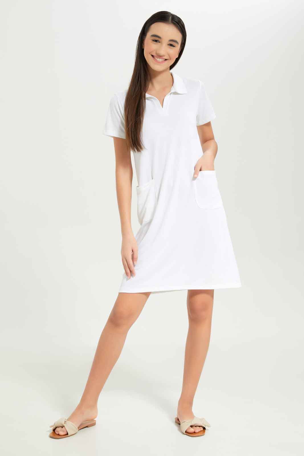 Redtag-Girls-White-Shortsleeve-Collared-Dress-Category:Dresses,-Colour:White,-Deals:New-In,-Dept:Girls,-Filter:Senior-Girls-(8-to-14-Yrs),-GSR-Dresses,-New-In-GSR-APL,-Non-Sale,-S23B,-Section:Girls-(0-to-14Yrs)-Senior-Girls-9 to 14 Years