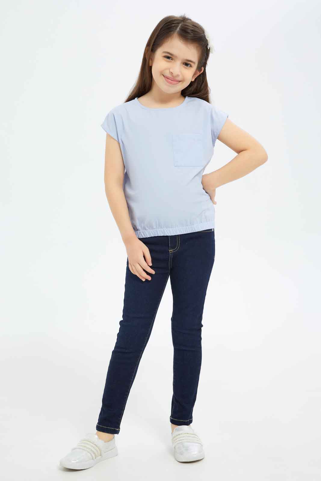 Redtag-Girls-Ss-Elasticated-Co-Ord-Blouse-Blue-Category:Blouses,-Colour:Blue,-Deals:New-In,-Dept:Girls,-Filter:Girls-(2-to-8-Yrs),-GIR-Blouses,-New-In-GIR-APL,-Non-Sale,-S23B,-Section:Girls-(0-to-14Yrs)-Girls-2 to 8 Years