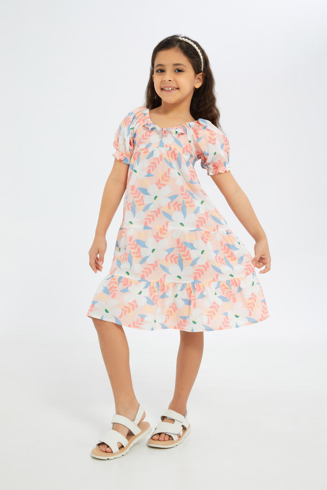Redtag-Girls-Woven-Cambric-Trapeze-Dress-Coral-Floral-Category:Dresses,-Colour:Apricot,-Deals:2-FOR-89,-Deals:New-In,-Dept:Girls,-Filter:Girls-(2-to-8-Yrs),-GIR-Dresses,-H1:KWR,-H2:GIR,-H3:DRS,-H4:CAD,-New-In-GIR-APL,-Non-Sale,-S23B,-Season:S23B,-Section:Girls-(0-to-14Yrs)-Girls-2 to 8 Years