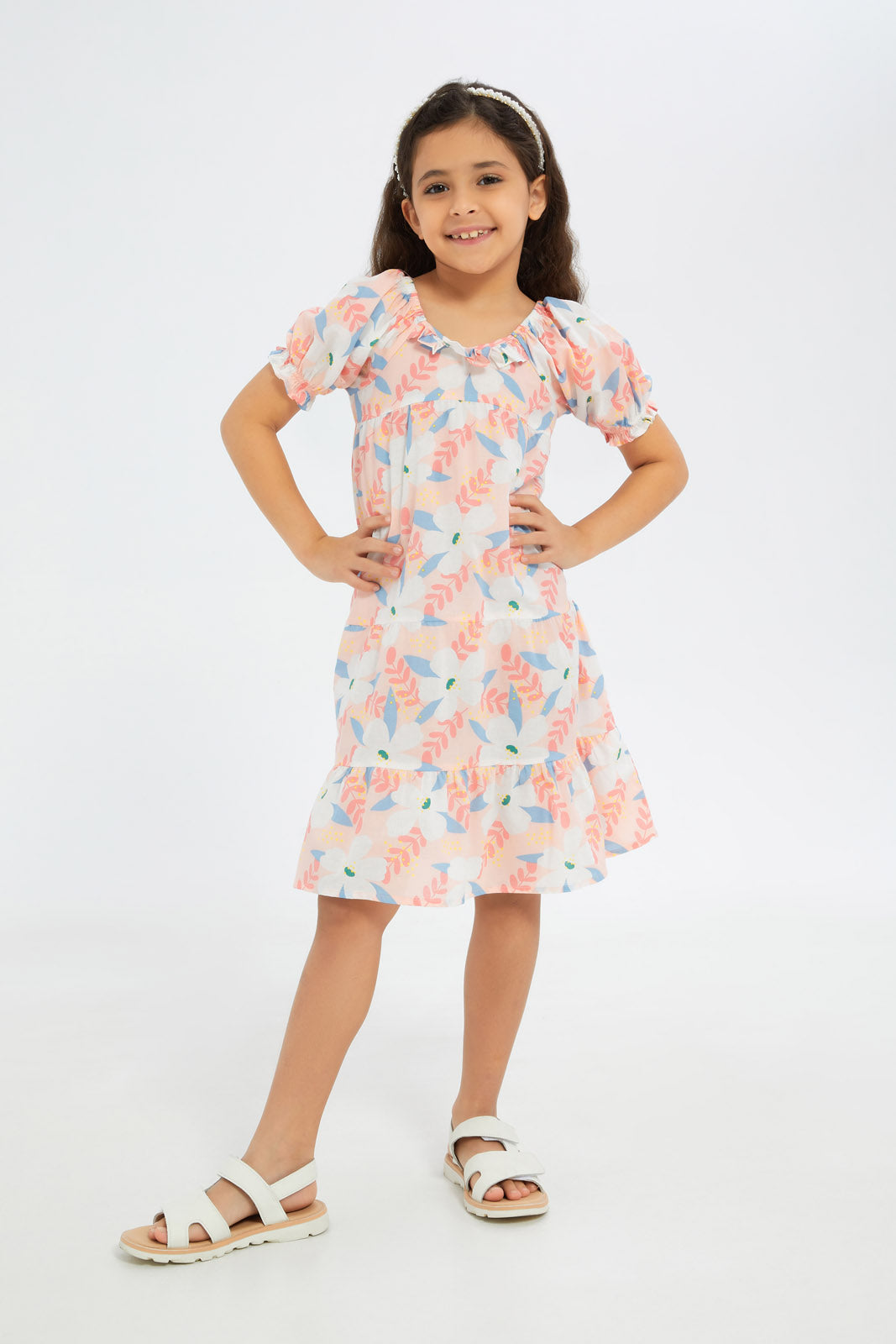 Redtag-Girls-Woven-Cambric-Trapeze-Dress-Coral-Floral-Category:Dresses,-Colour:Apricot,-Deals:2-FOR-89,-Deals:New-In,-Dept:Girls,-Filter:Girls-(2-to-8-Yrs),-GIR-Dresses,-H1:KWR,-H2:GIR,-H3:DRS,-H4:CAD,-New-In-GIR-APL,-Non-Sale,-S23B,-Season:S23B,-Section:Girls-(0-to-14Yrs)-Girls-2 to 8 Years