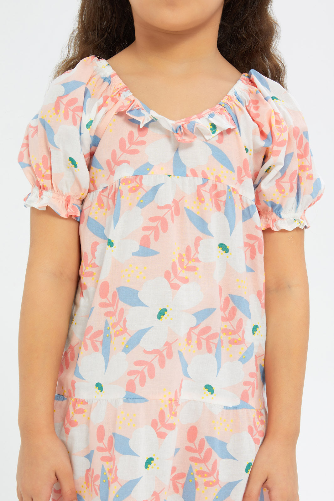 Redtag-Girls-Woven-Cambric-Trapeze-Dress-Coral-Floral-Category:Dresses,-Colour:Apricot,-Deals:2-FOR-89,-Deals:New-In,-Dept:Girls,-Filter:Girls-(2-to-8-Yrs),-GIR-Dresses,-H1:KWR,-H2:GIR,-H3:DRS,-H4:CAD,-New-In-GIR-APL,-Non-Sale,-S23B,-Season:S23B,-Section:Girls-(0-to-14Yrs)-Girls-2 to 8 Years