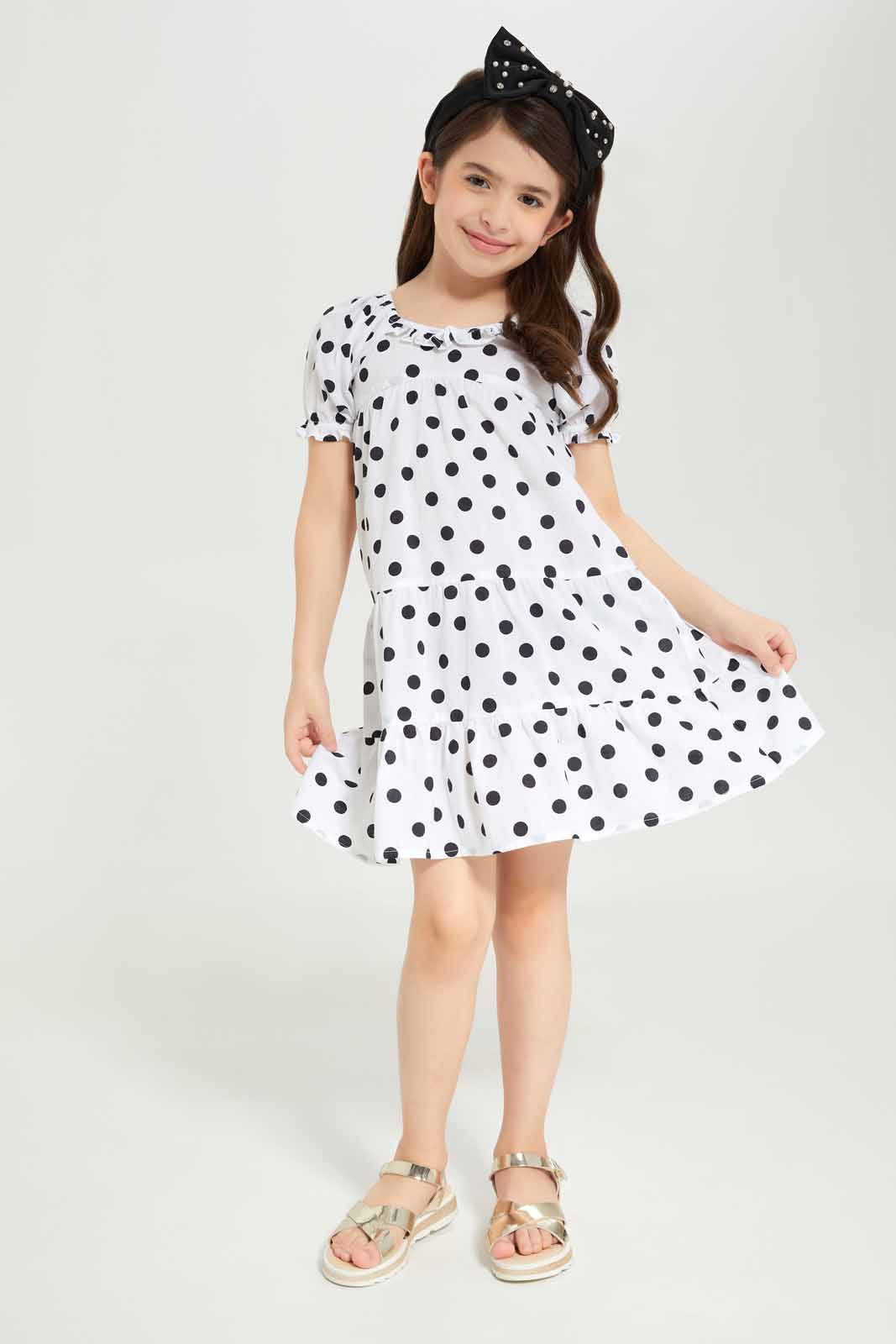 Redtag-Girls-Woven-Cambric-Trapeze-Dress-White/Black-Category:Dresses,-Colour:White,-Deals:New-In,-Dept:Girls,-Filter:Girls-(2-to-8-Yrs),-GIR-Dresses,-New-In-GIR-APL,-Non-Sale,-S23B,-Section:Girls-(0-to-14Yrs)-Girls-